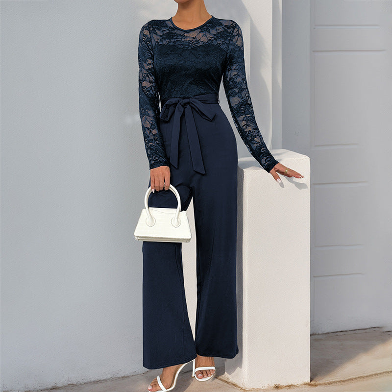 Women’s Jumpsuit – Lace Bodice – Sheer Long Sleeve – Wide Leg – Waist Tie Elegant Fit