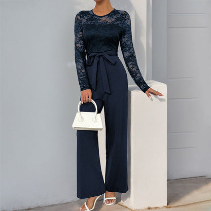 Women’s Jumpsuit – Lace Bodice – Sheer Long Sleeve – Wide Leg – Waist Tie Elegant Fit