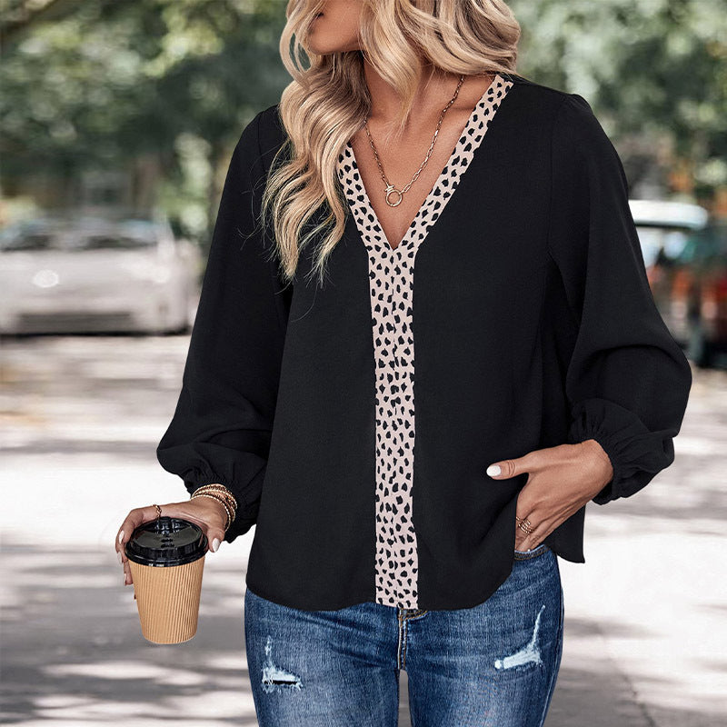 Women’s Blouse – Relaxed Fit – Lightweight Chiffon – V-Neck – Puffed Sleeves – Leopard Trim