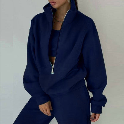 Women’s Tracksuit Set – Relaxed Fit – Half-Zip Pullover – Crop Layer – Full-Length Pants