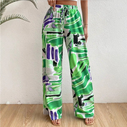 Women’s Wide-Leg Pants – Abstract Print – Full Length – Elastic Waist – Relaxed Fit