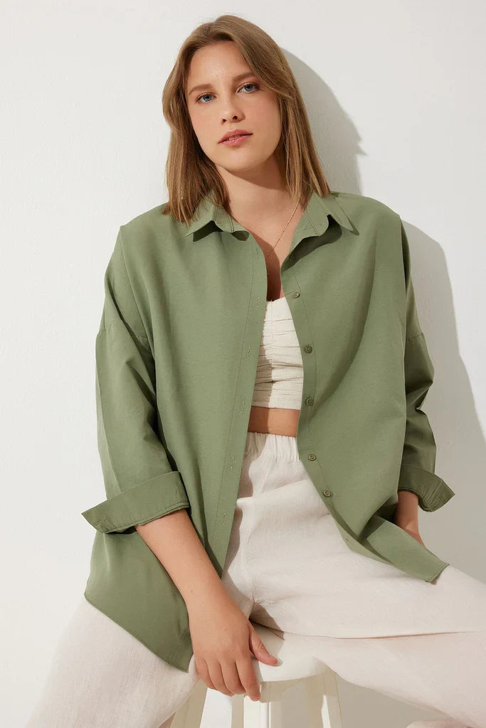 Women’s Blouse – Cotton Blend – Oversized Fit – Long Sleeve – Button Front Casual
