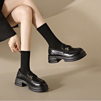 Women’s Loafers – Slip-On Fit – Chunky Sole – Leather-Like Finish – Metal Strap