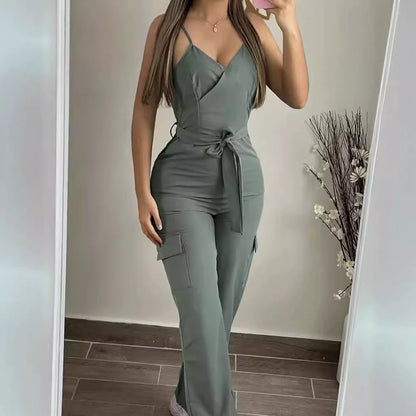Women’s Jumpsuit – Slim Fit – Stretch Fabric – Wrap V-Neck – Tie Waist – Cargo Pockets