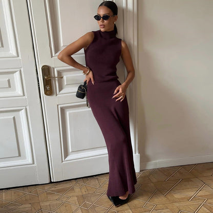 Women’s Knit Two-Piece Set – Ribbed Slim Fit – High Neck Sleeveless Top – Midi Skirt