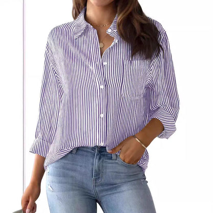 Women’s Button-Down Blouse - Cotton - Relaxed Fit - Classic Pinstripe