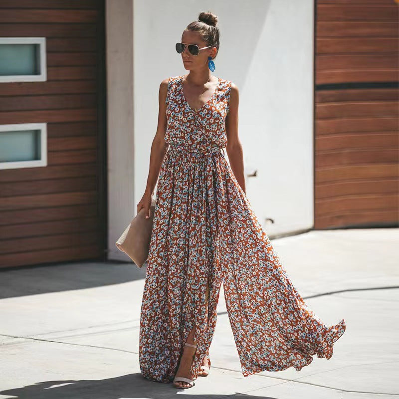 Women’s Maxi Dress – Flowy Fit – Cotton Blend – Deep V-Neck – Sleeveless Boho Style
