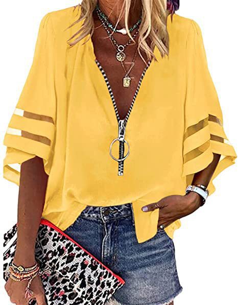 Women’s Blouse – Relaxed Fit – Cotton Feel – Zip Front – Elbow Sleeve V-Neck