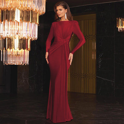 Women’s Evening Dress – Satin Slim Fit – Long Sleeve – Draped Waist – Full Length