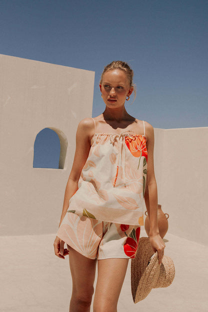 Women’s Sleeveless Top – Loose Fit – Elastic Neckline – Floral Print – Cotton Blend