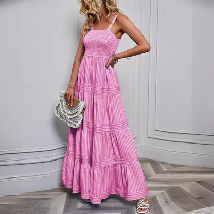 Women’s Sundress – Smocked Bodice – Tiered Maxi Skirt – Lightweight Cotton Blend – Spaghetti Straps