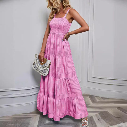 Women’s Sundress – Smocked Bodice – Tiered Maxi Skirt – Lightweight Cotton Blend – Spaghetti Straps