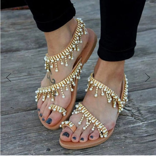 Women’s Flat Sandals – Toe Loop – Beaded Fringe Straps – Boho Open Toe Casual