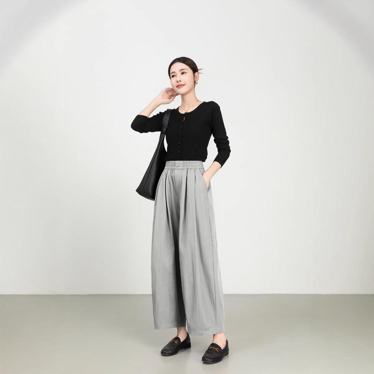 Women’s Wide-Leg Pants – High Rise – Elastic Waist – Pleated – Lightweight Twill