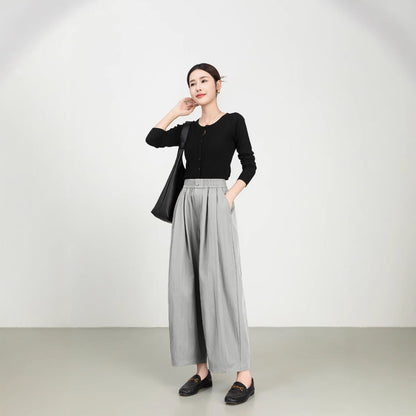 Women’s Wide-Leg Pants – High Rise – Elastic Waist – Pleated – Lightweight Twill