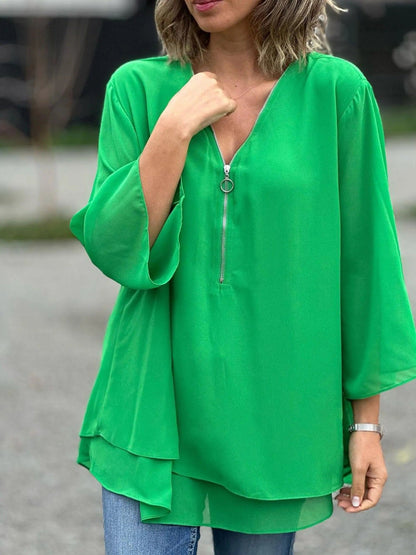 Women’s Blouse – Chiffon V-Neck – Zip Front – Loose Fit – 3/4 Sleeve Layered Hem