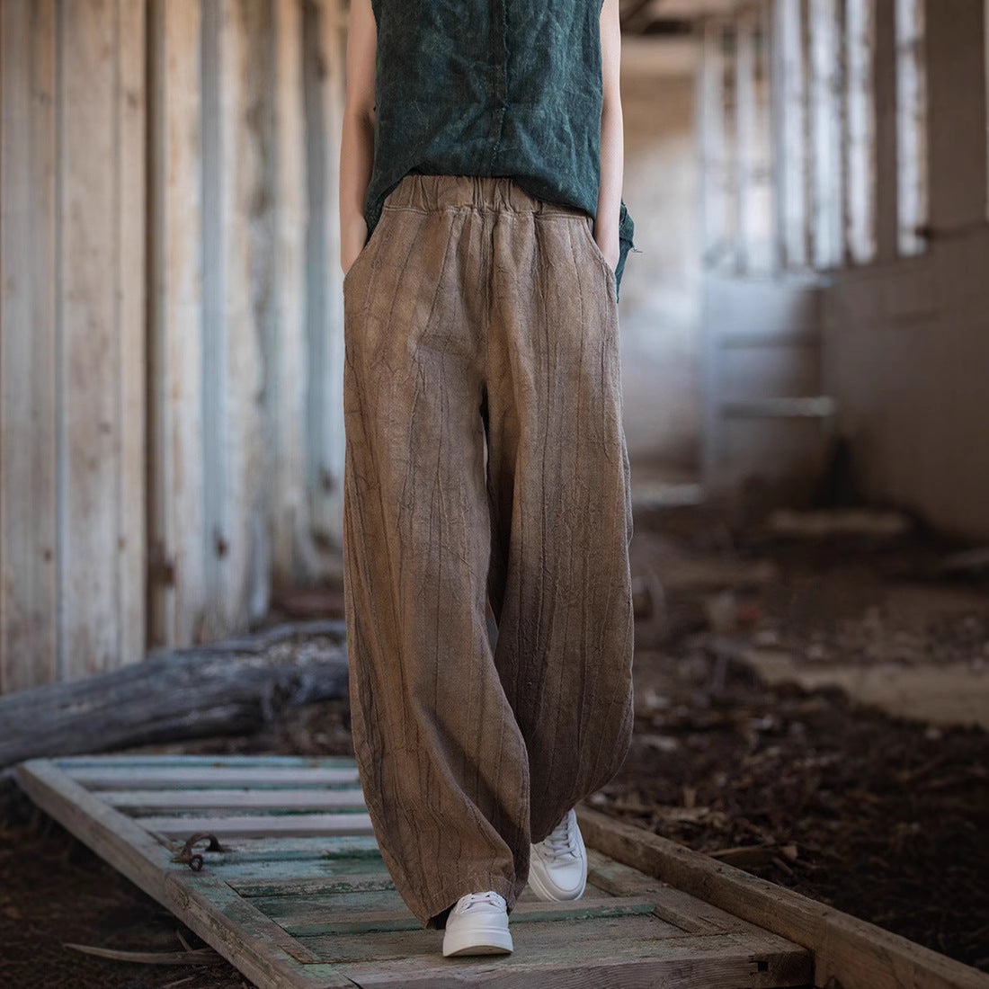 Women’s Pants – Cotton Linen Blend – Relaxed Fit – Lantern Style – Full Length