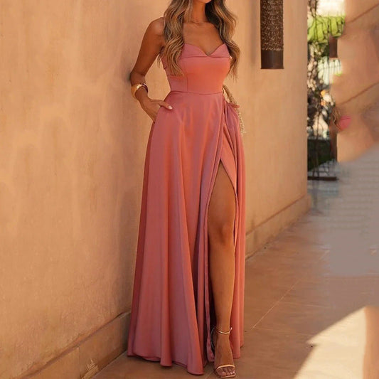 Women’s Maxi Dress – Slim Fit Bodice – Flowing A-Line Skirt – Spaghetti Straps – Side Slit