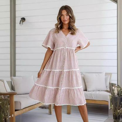 Women’s Midi Dress – V-Neck – Loose Fit – Tiered with Lace Trim – Short Sleeve Cotton