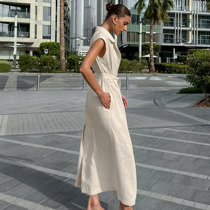 Women’s Full-Length Dress – Cotton Linen Blend – Sleeveless – Tie Waist – Collared