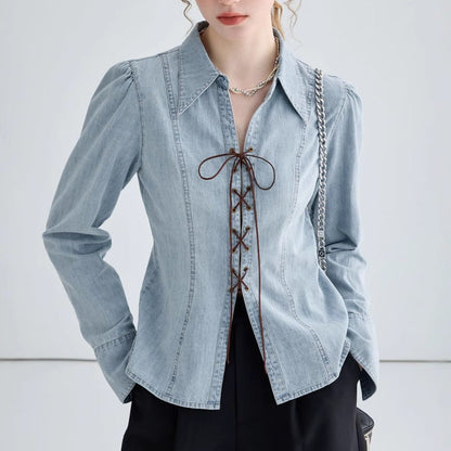 Women’s Denim Shirt Jacket – Tailored Fit – Lace-Up Front – Structured Long Sleeve