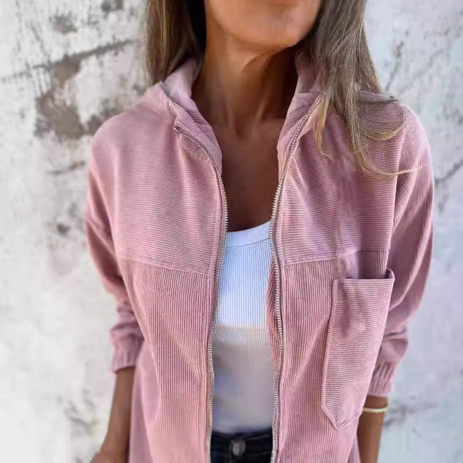 Women’s Hooded Jacket – Relaxed Fit – Corduroy Look – Zip Front – Casual Everyday Wear