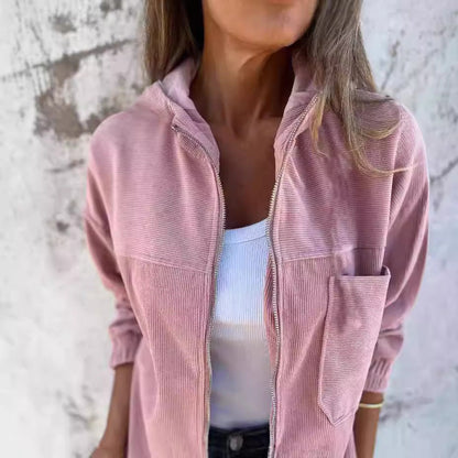 Women’s Hooded Jacket – Relaxed Fit – Corduroy Look – Zip Front – Casual Everyday Wear