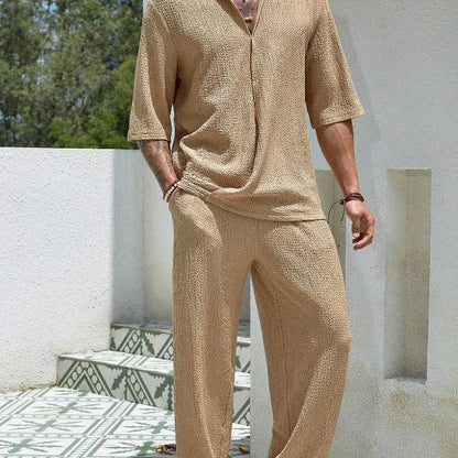 Men’s Shirt and Pants Set – Relaxed Fit – Lightweight Cotton – Button-Up Half Sleeve
