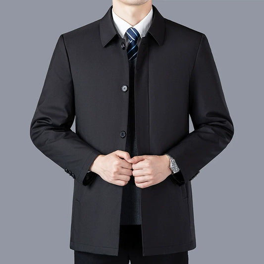 Men’s Mid-Length Jacket – Tailored Fit – Cotton – Lapel Collar – Button Closure