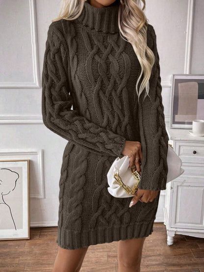 Women’s Sweater Dress – Wool Blend – Slim Fit – Cable Knit – Turtleneck – Mini Length