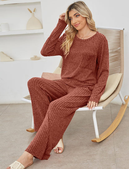 Women’s Lounge Set – Ribbed Knit – Relaxed Fit – Long Sleeve Top & Straight-Leg Pants