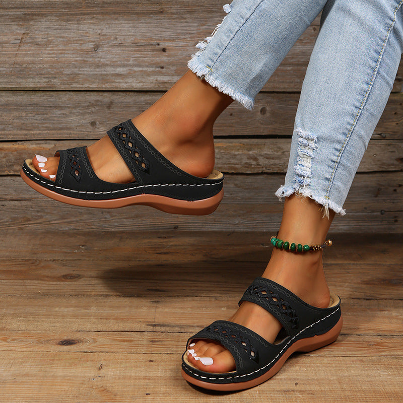 Women’s Wedge Sandals – Orthopedic Support – Slip-On Fit – Cut-Out Straps – Casual Style