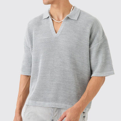 Men’s Short Sleeve Shirt – Relaxed Fit – Soft Knit – V-Neck Collar – Casual Wear