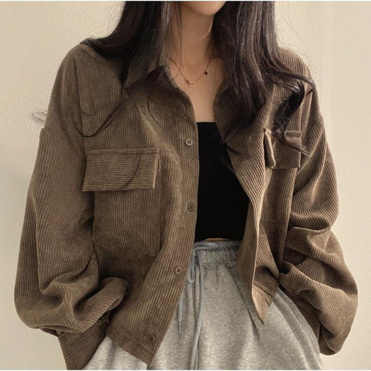 Women’s Shirt Jacket – Oversized Fit – Corduroy Texture – Button Down – Casual Layer