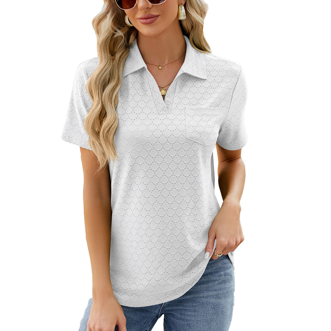 Women’s Polo Shirt – Relaxed Fit – Textured Knit – Open Collar – Chest Pocket