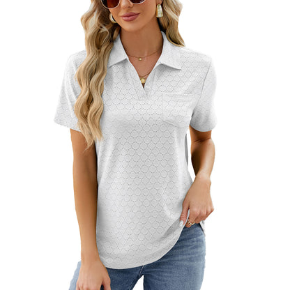Women’s Polo Shirt – Relaxed Fit – Textured Knit – Open Collar – Chest Pocket