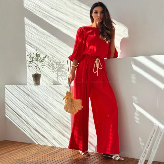Women’s Two-Piece Set – Oversized T-Shirt with Back Bow – Wide-Leg Pants – Breathable Blend