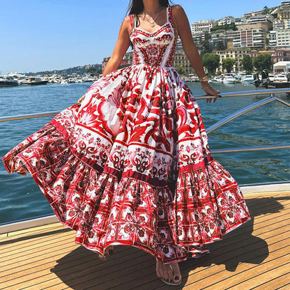 Women’s Maxi Dress – Flowing Fit – Tiered Skirt – Breathable Blend – Printed Pattern