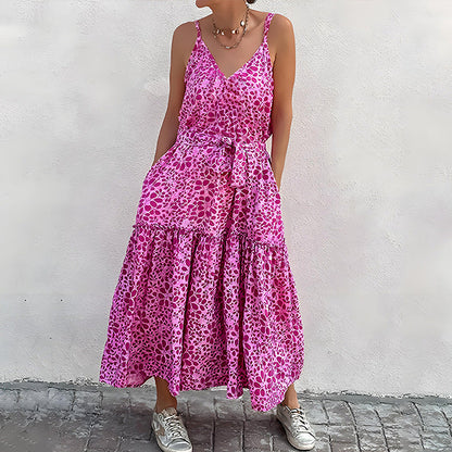 Women’s Midi Dress – Lightweight Cotton Blend – Sleeveless – Tiered Skirt – Waist Tie