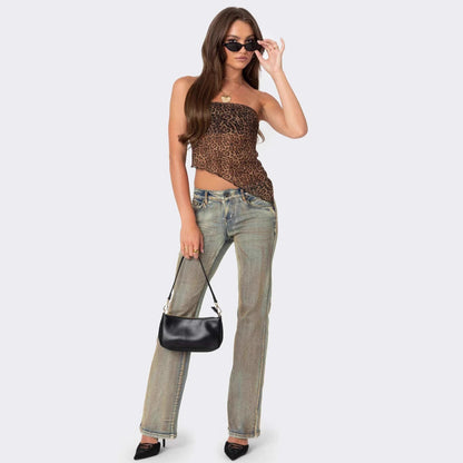 Women’s Tube Top – Slim Fit – Strapless Cropped – Animal Print Asymmetric Hem