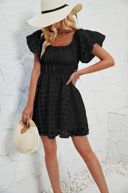 Women’s Mini Dress – A-Line Fit – Puff Sleeves – Square Neck – Breathable Blend