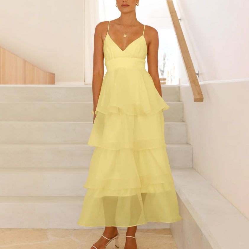 Women’s Maxi Dress – Flowing Fit – V-Neck – Spaghetti Straps – Tiered Ruffle Skirt