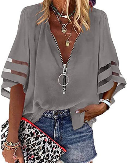 Women’s Blouse – Relaxed Fit – Cotton Feel – Zip Front – Elbow Sleeve V-Neck