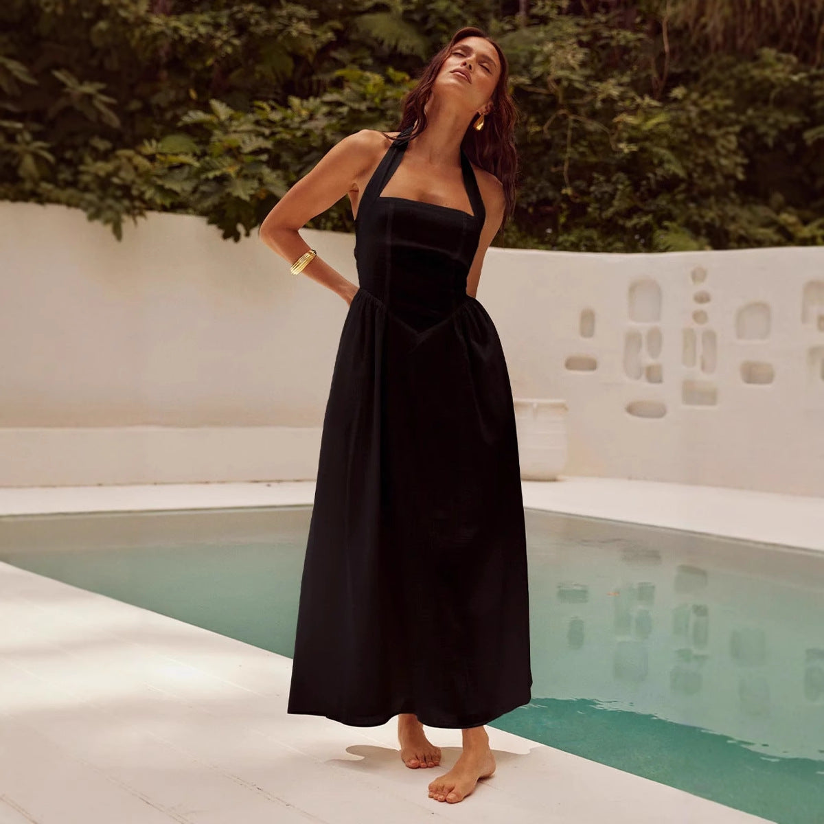 Women’s Halter Neck Dress – Backless Maxi – Fitted Bodice – Lightweight Elegant Fit