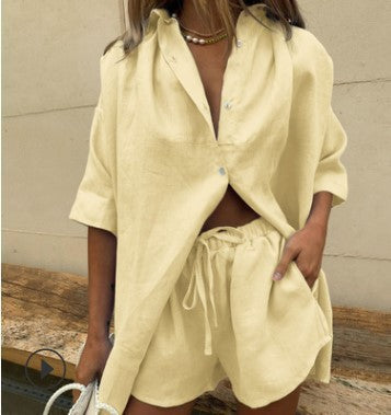 Women’s Two-Piece Set – Linen Blend – Relaxed Fit Shirt – High-Waisted Drawstring Shorts
