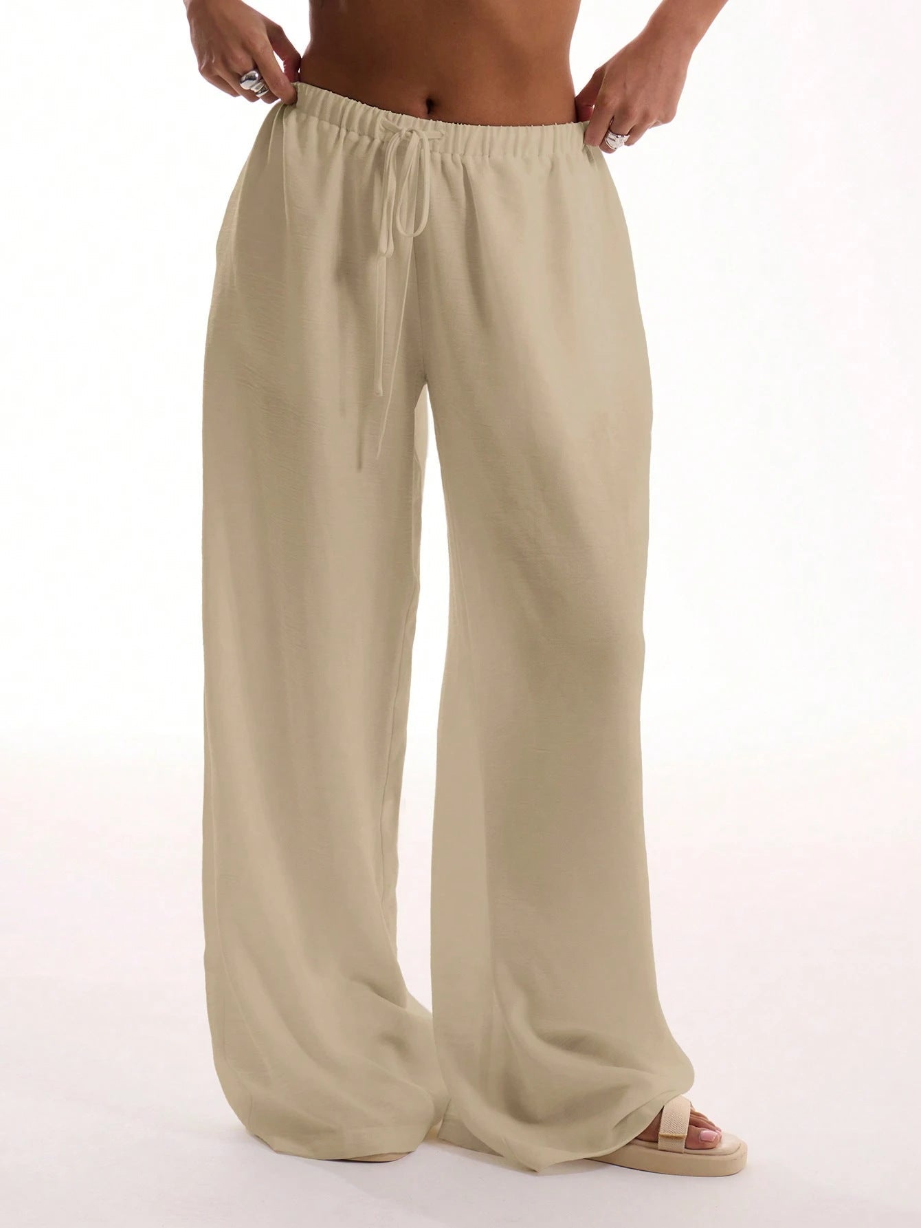 Women’s Wide-Leg Pants – Linen Blend – Relaxed Fit – Elastic Drawstring Waist