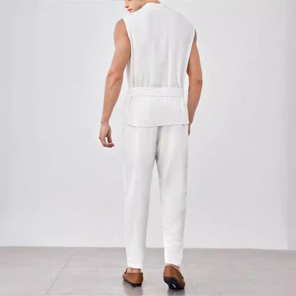 Men’s Vest and Pants Set – Lightweight Cotton – Relaxed Fit – Belted V-Neck Top