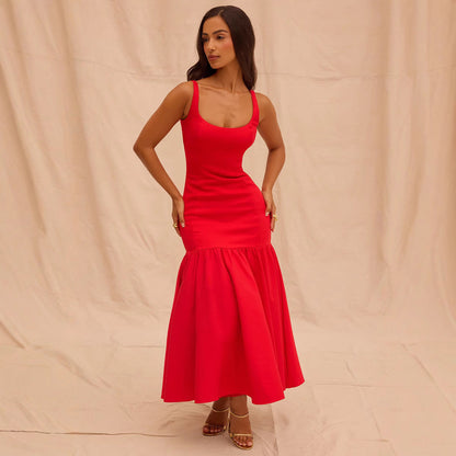 Women’s Evening Dress – Satin Fabric – Fitted Silhouette – Scoop Neck – Midi Length