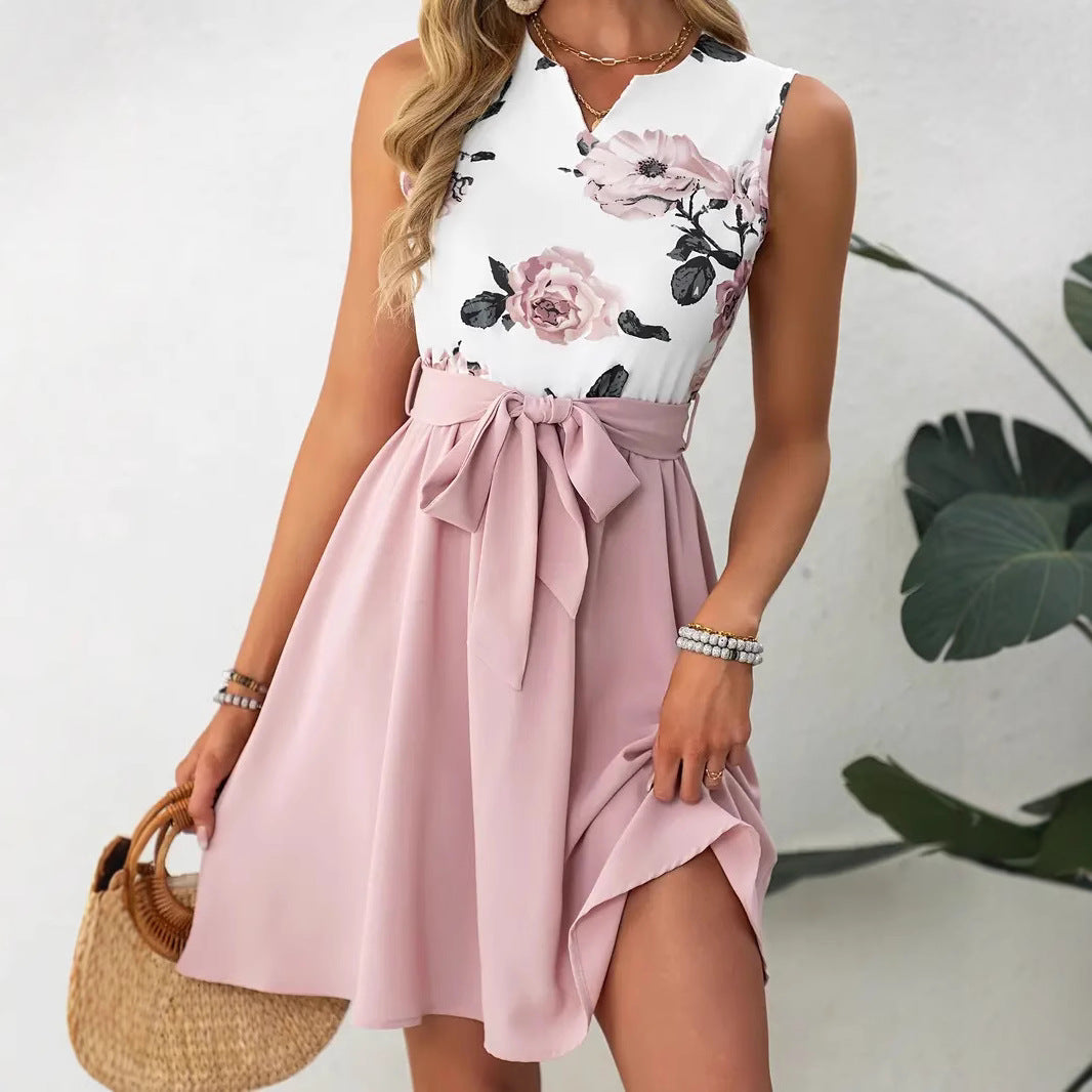 Women’s Knee-Length Dress – Slim Fit – Sleeveless – Floral Top – Belted Waist Bow
