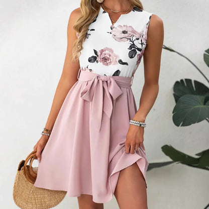 Women’s Knee-Length Dress – Slim Fit – Sleeveless – Floral Top – Belted Waist Bow